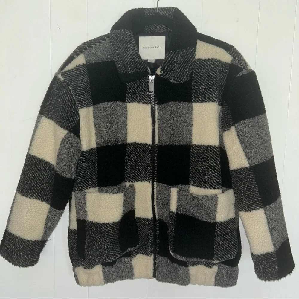 American Eagle Buffalo Plaid Check Sherpa Full Zip Jacket Women’s Small - Picture 1 of 6